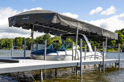 Free-hanging ShoreStation Legacy canopy with weighted ends for wind resistance